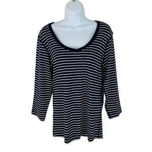 Three Dots Women's Size L Striped 3/4 Sleeve Navy White Top NWOT